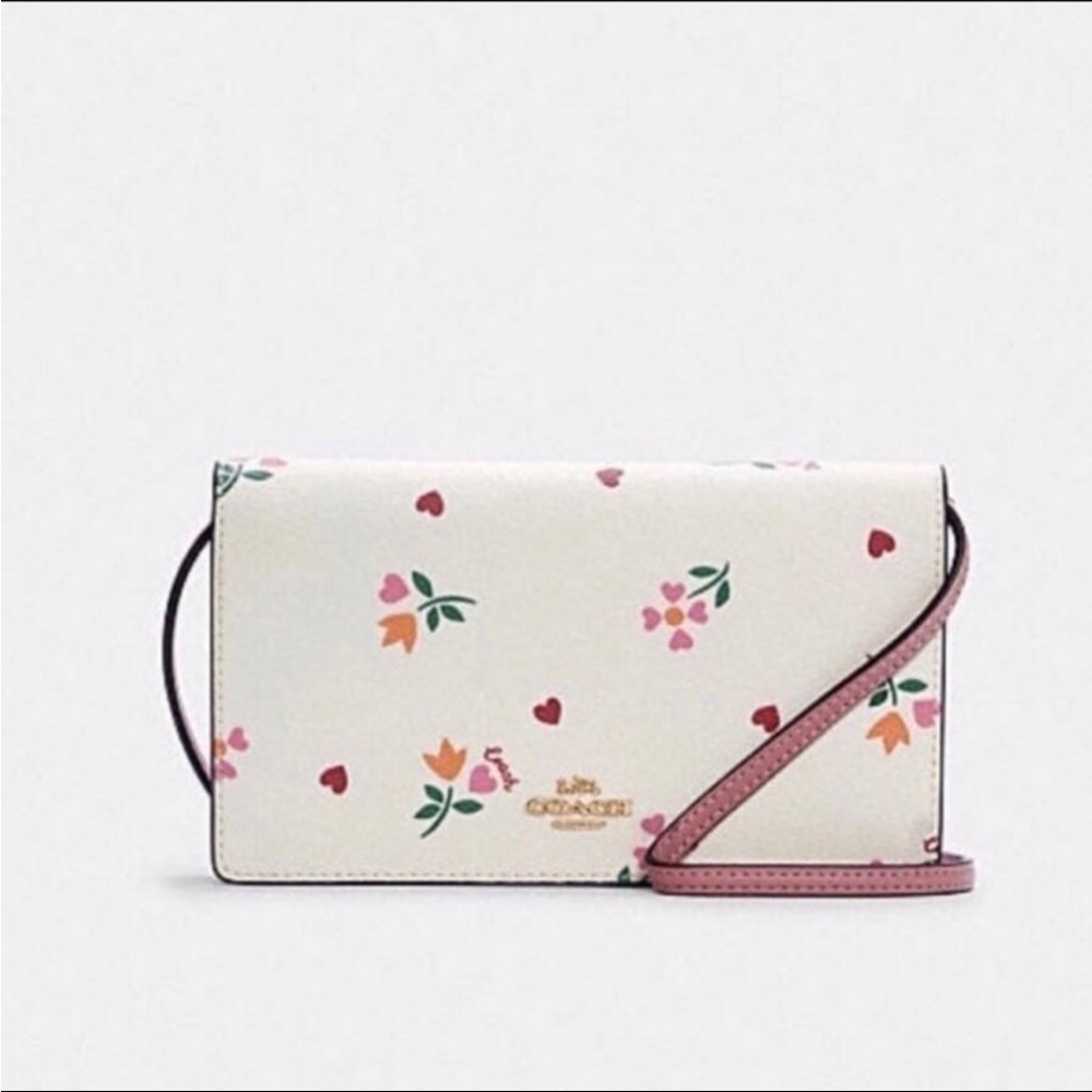 Coach Anna Foldover Clutch Crossbody Bag Leather Pink/Chalk Heart Petal Print